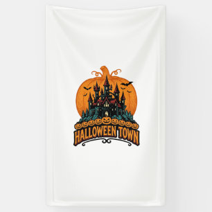 Halloween-Stadt Vintage Geisterburg Kürbis Design Banner