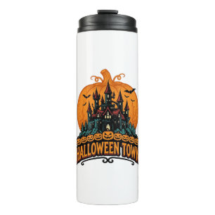 Halloween-Stadt Vintage Spukschloss Kürbis Desi Thermosbecher