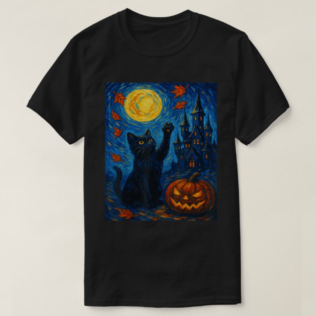 Halloween Starry Night Black Cat Art T-Shirt (Design vorne)