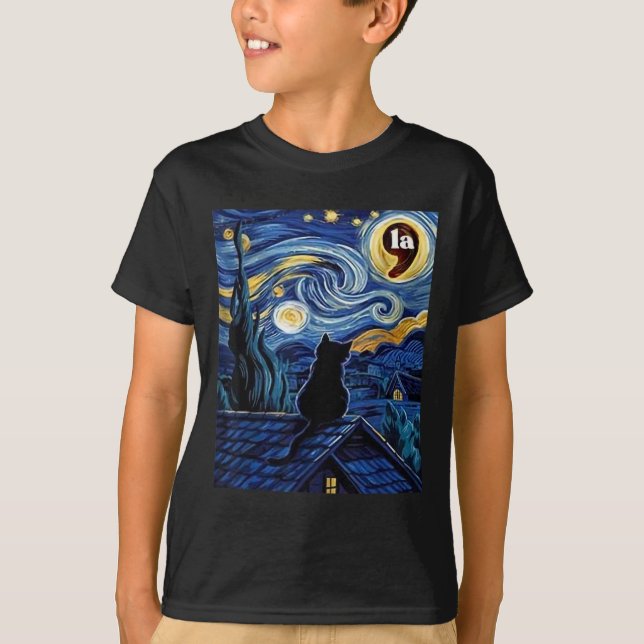 Halloween Starry Night Black Cat Comma La Kamala H T-Shirt (Vorderseite)