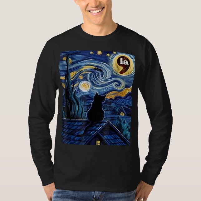 Halloween Starry Night Black Cat Comma La Kamala T-Shirt (Vorderseite)