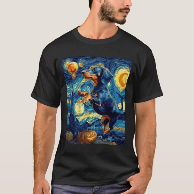 Halloween Starry Night Puppy Dachshund T-Shirt (Vorderseite)