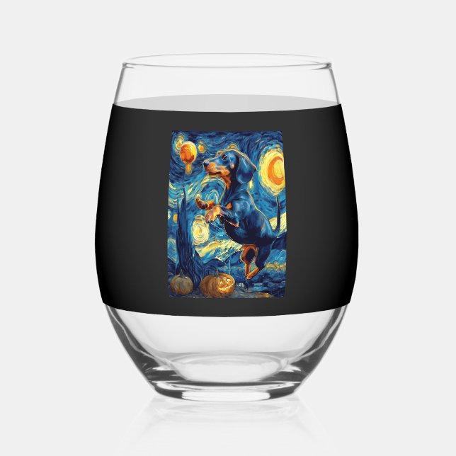 Halloween Starry Night Puppy Dachshund Weinglas Ohne Stiel (Vorderseite)