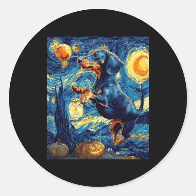 Halloween Starry Night Puppy-Dackel Runder Aufkleber (Vorderseite)
