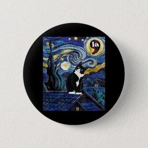 Halloween Starry Night Tuxedo Cat Comma La Kamala Button