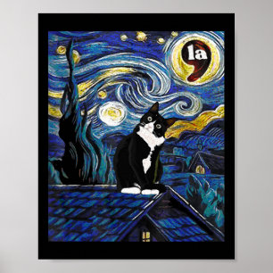 Halloween Starry Night Tuxedo Cat Comma La Kamala Poster