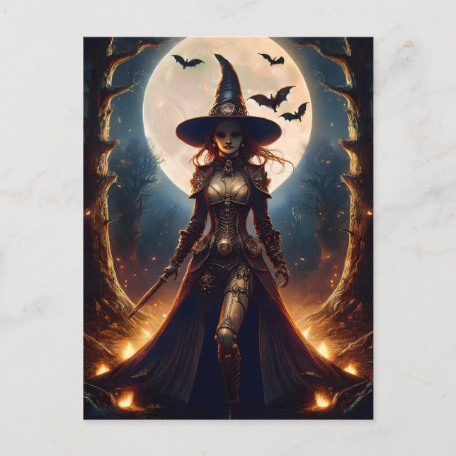 Halloween Steampunk Forest Hexe Postkarte (Vorderseite)
