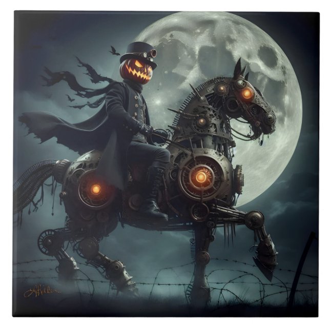 Halloween Steampunk Headless Horseman Fliese (Vorderseite)