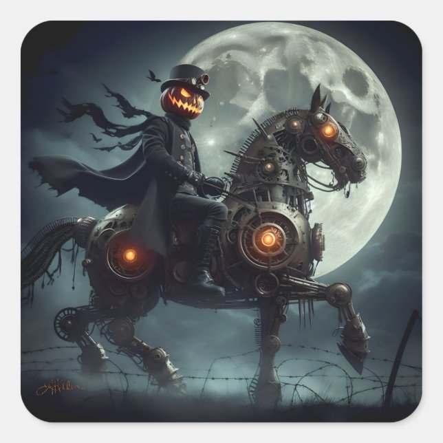 Halloween Steampunk Headless Horseman Quadratischer Aufkleber (Vorderseite)