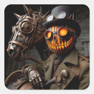 Halloween-Steampunk-Kürbislaterne Reiter Quadratischer Aufkleber