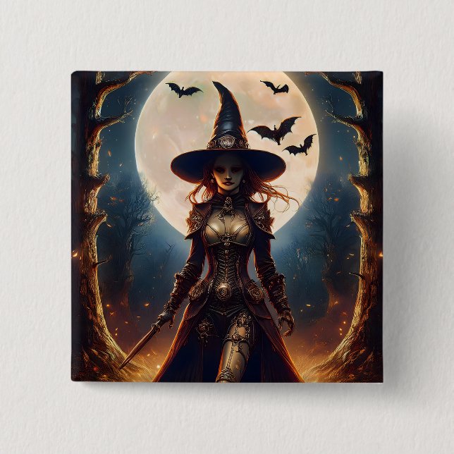 Halloween Steampunk Waldhexe Button (Vorderseite)