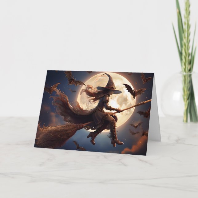 Halloween Steampunk Witch Moonlight Flight Karte (Vorderseite)