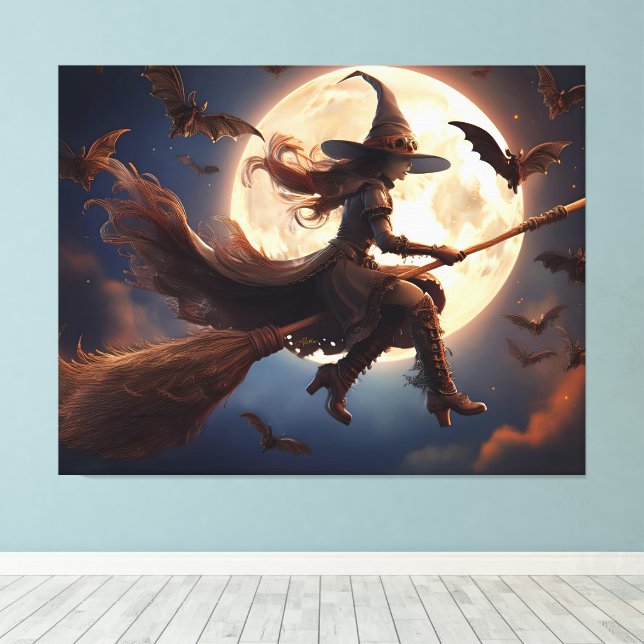 Halloween Steampunk Witch Moonlight Flight Leinwanddruck (Insitu (Holzboden))