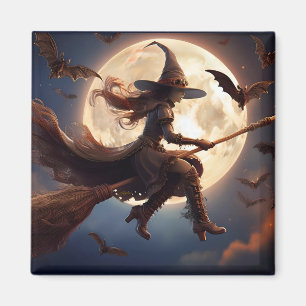 Halloween Steampunk Witch Moonlight Flight Magnet
