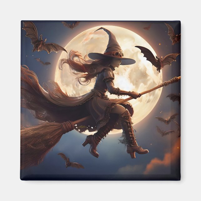 Halloween Steampunk Witch Moonlight Flight Magnet (Vorne)