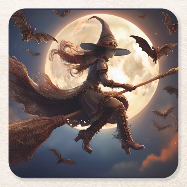 Halloween Steampunk Witch Moonlight Flight Rechteckiger Pappuntersetzer (Vorderseite)
