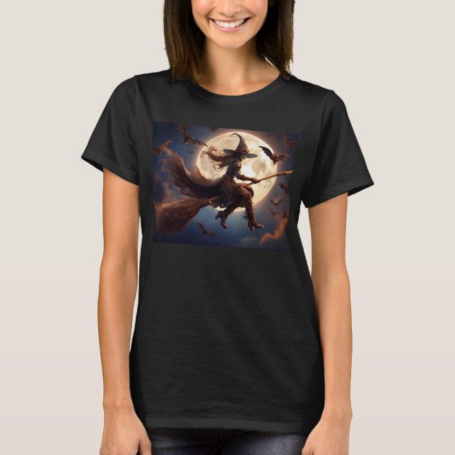 Halloween Steampunk Witch Moonlight Flight T-Shirt (Vorderseite)
