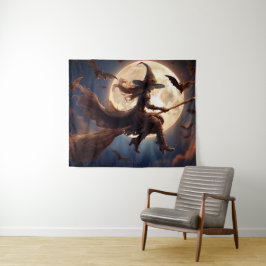 Halloween Steampunk Witch Moonlight Flight Wandteppich