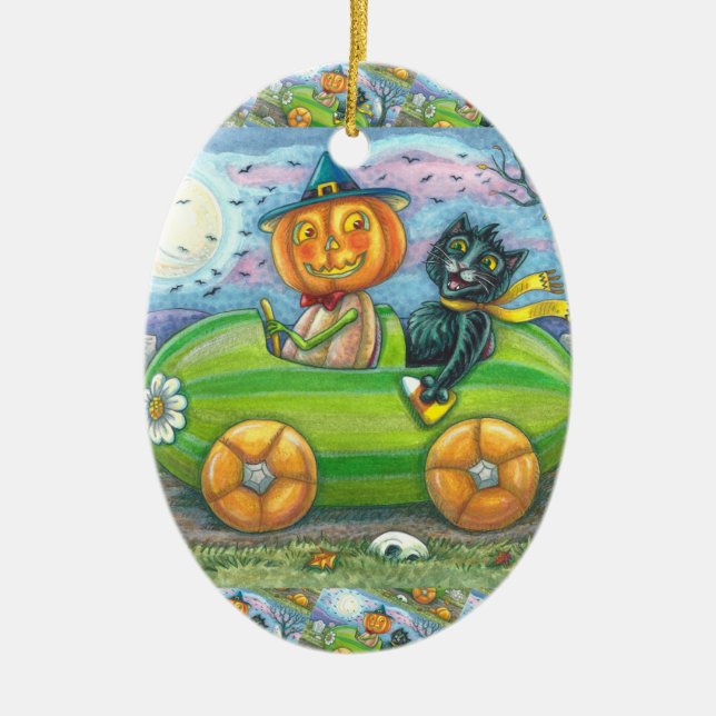 HALLOWEEN STRASSENVERKEHR, JACK UND SCHWARZE KATTE KERAMIK ORNAMENT (Vorne)