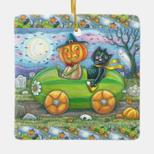 HALLOWEEN STRASSENVERKEHR, JACK UND SCHWARZE KATTE KERAMIKORNAMENT (Vorderseite)