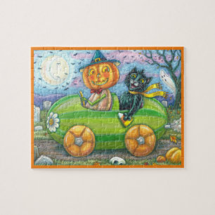 HALLOWEEN STRASSENVERKEHR, JACK UND SCHWARZE KATTE PUZZLE