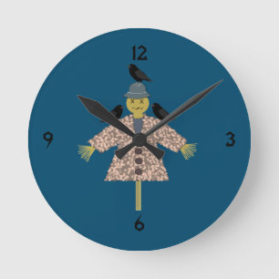 Halloween Straw Scarecrow and Ravens Runde Wanduhr