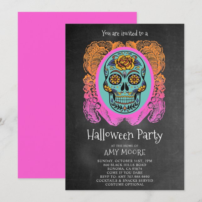 Halloween Sugar Skull Chalkboard-Party Einladung (Vorne/Hinten)