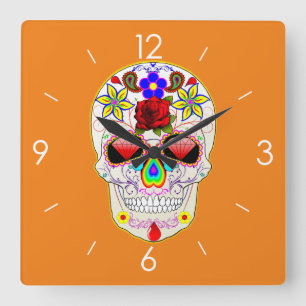 Halloween Sugar Skull - Tattoo Art Quadratische Wanduhr