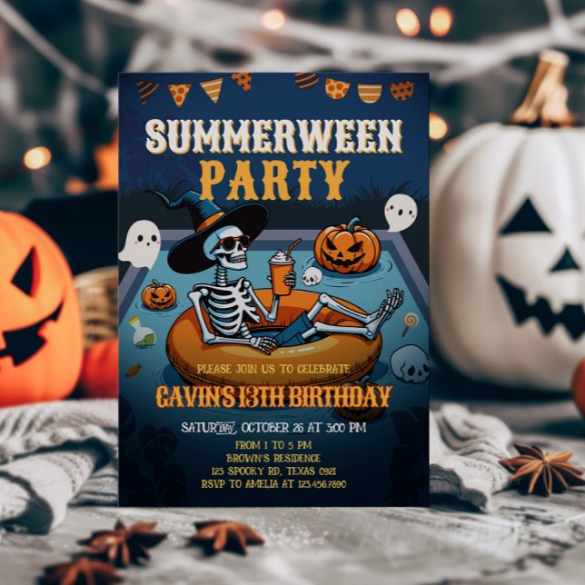 Halloween Summerween Pool Geburtstag Einladung (Halloween Pool Summerween Birthday Invitation)