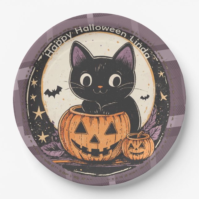 Halloween Süße Katze Herbst Karte Pappteller (Vorderseite)