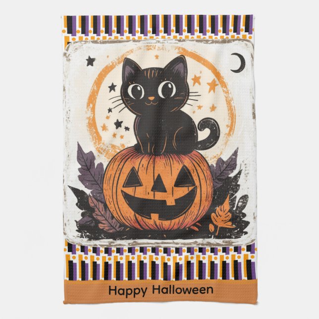 Halloween Süße Katze Kürbis Geschirrtuch (Vertikal)