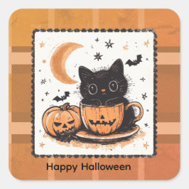 Halloween Süße Katze Kürbis Quadratischer Aufkleber