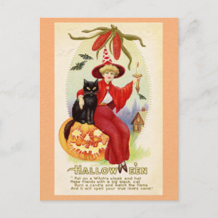 Halloween Süße Vintage-Hexe Schwarze Katze Liebesg Postkarte