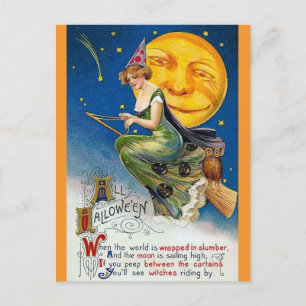 Halloween Süße Vintage-Hexe viktorianisches Gedich Postkarte