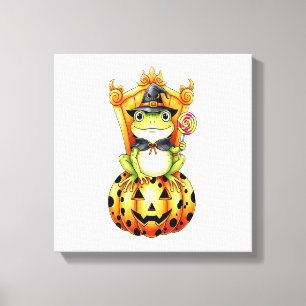Halloween Süßer Frosch auf Kürbis Leinwanddruck