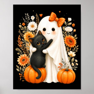 Halloween Süßer Geist Schwarze Katze Kürbis Floral Poster