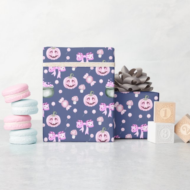 Halloween Süßes Rosa Kürbismuster  Geschenkpapier (Babyparty)