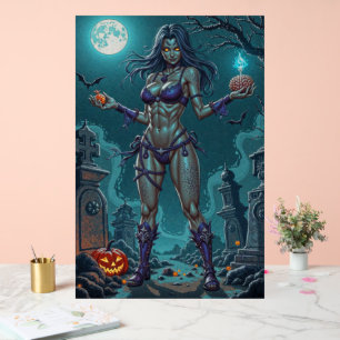 Halloween-Süßigkeit oder Zombie-Freundin mit Hirn Acrylschild