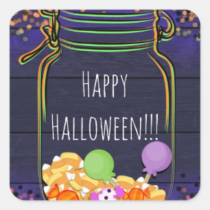 Halloween-Süßigkeiten-Mason-Glas-Party-Leucht-Ande Quadratischer Aufkleber