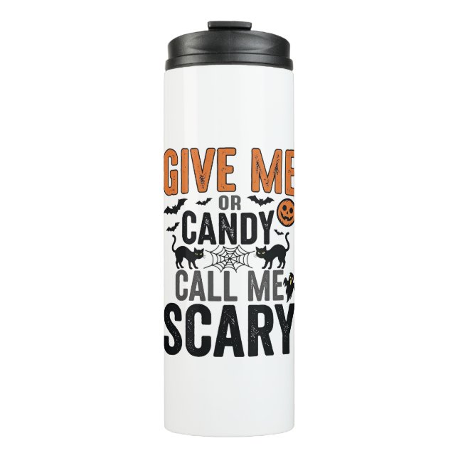 Halloween-Süßigkeiten oder nenne mich gruselig Vin Thermosbecher (Vorderseite)