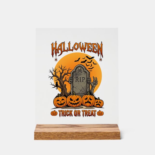 Halloween-Süßigkeiten-oder-Saures-Grabstein-Zombie Acrylschild (Vorderseite)