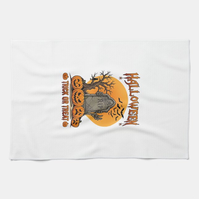 Halloween-Süßigkeiten-oder-Saures-Grabstein-Zombie Geschirrtuch (Horizontal)