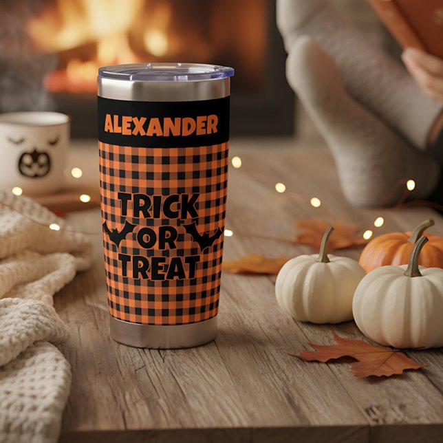 Halloween-Süßigkeiten oder Saures Orange & Schwarz Thermobecher (Von Creator hochgeladen)