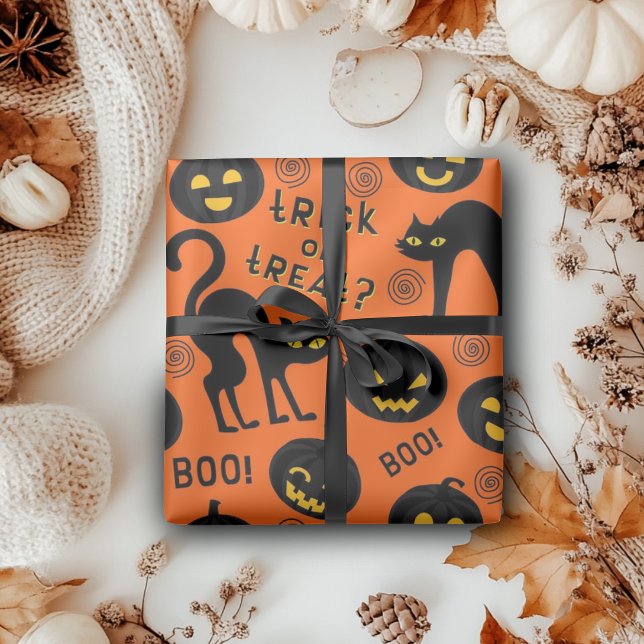 Halloween-Süßigkeiten oder Saures schwarze Katze g Geschenkpapier (Halloween Trick or Treat Black Cat Gothic Pumpkins Wrapping Paper)