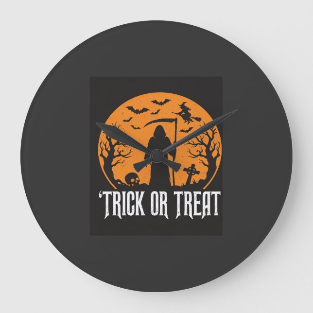 Halloween-Süßigkeiten oder Saures Sensenmann-Desig Große Wanduhr (Vorderseite)