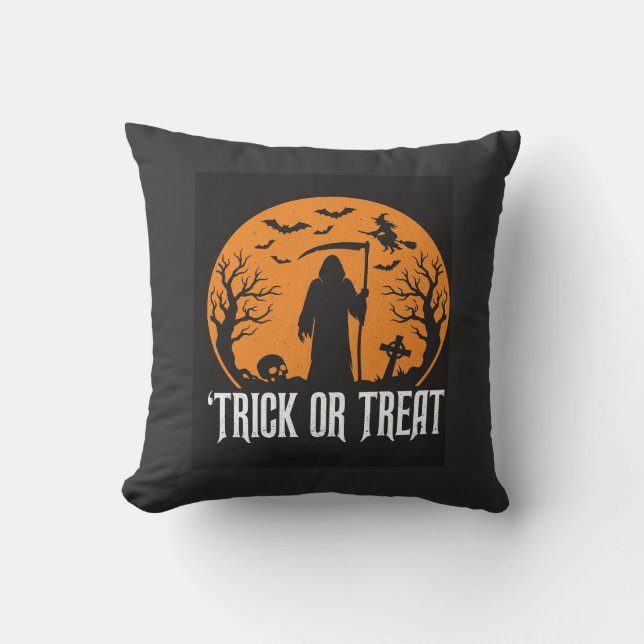Halloween-Süßigkeiten oder Saures Sensenmann-Desig Kissen (Vorderseite)