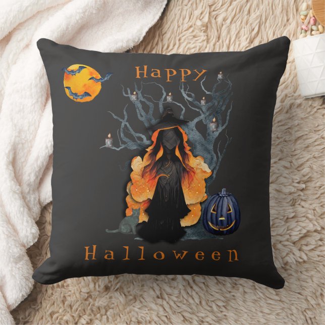 Halloween Szene Fiery Hexe im Mondlicht Kissen (Decke)