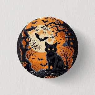 Halloween-Szene mit Katzen, Spinnen und Kürbis Button