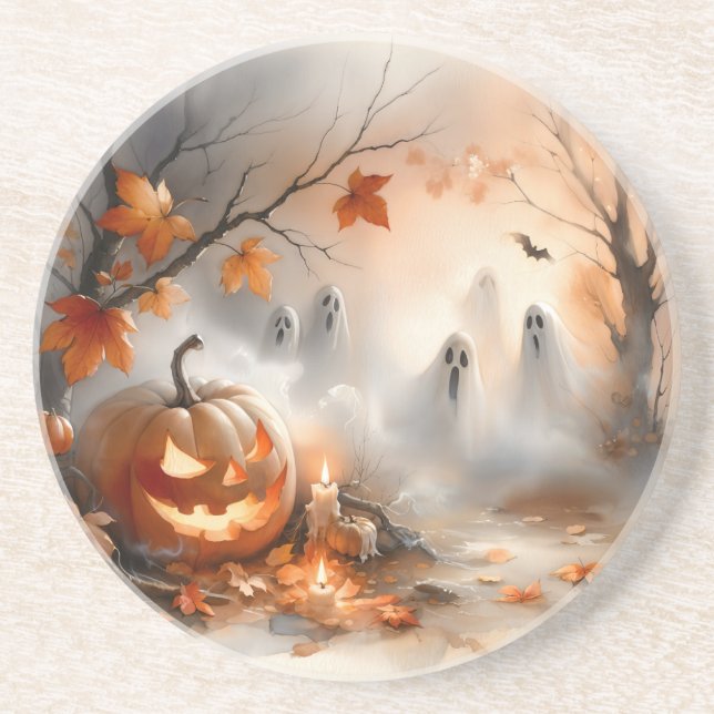 Halloween-Szene mit Kürbis und Geistern Getränkeuntersetzer (Vorne)