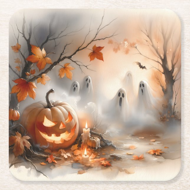 Halloween-Szene mit Kürbis und Geistern Rechteckiger Pappuntersetzer (Vorderseite)